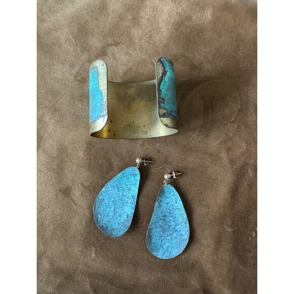 Handmade Wrist Cuff and Matching Earrings Blue and Brass - Picture 4 of 7